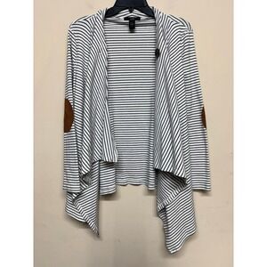 Rain Striped Drape Cardigan Womens Small Black White Elbow Patch Open Front